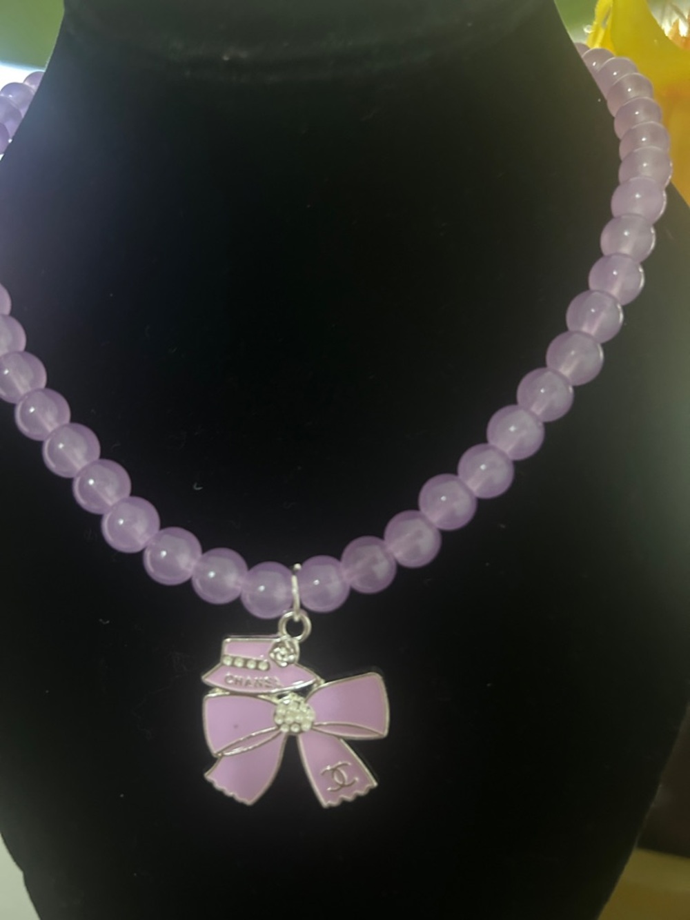 Lavender Bead Necklace with Bow Charm